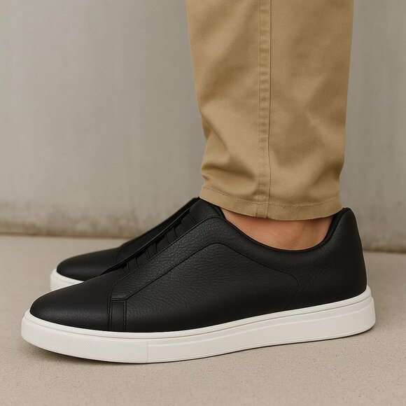 Men's Genuine Leather Black Memory Foam Insole Lightweight Sneakers Shoes - Picture 2 of 5